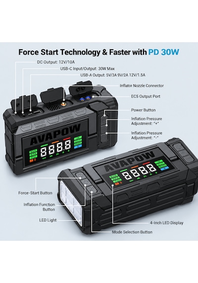 Tm28 Titan 20000mah 4000a Bitmiş Akü Çalıştıran Jump Starter+lastik Şişirme Taşınabilir Akü Takviye