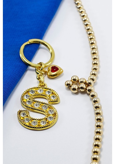 Kırmızı Parlak Kalpli Gold Renkli Kristal Taşlı Metal S Harfi Ana