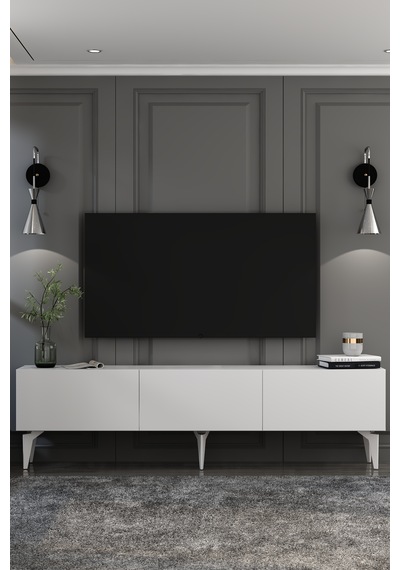 Mirella Tv Sehpası Tv Ünitesi Beyaz Gümüş Beyaz - Gümüş