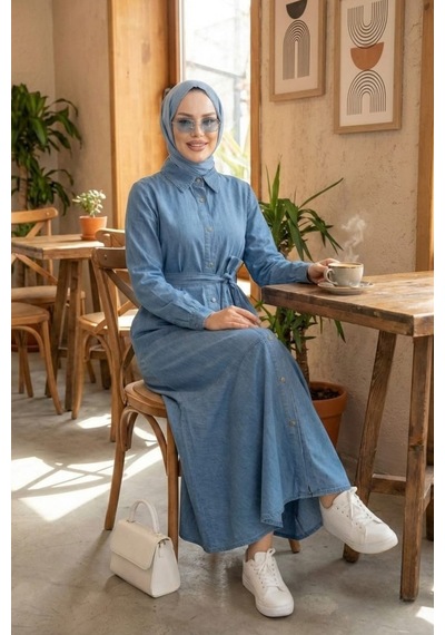 Hb Harma Time Butik Kadın Düğmeli Kuşaklı Açık Kot Mavi Elbise Açık Mavi Açık Mavi