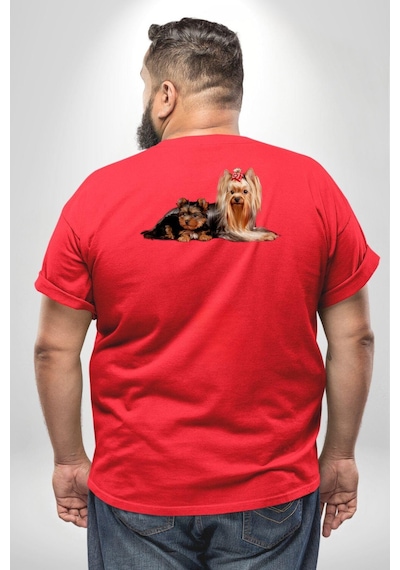 Angemiel Yorkshire Teacup Ve Anne Köpek Büyük Beden Kırmızı Tişört Kadın Erkek Ünisex Sırt Baskılı Kırmızı