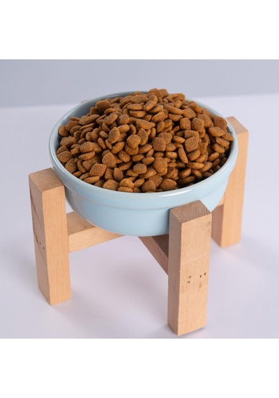 Mavi Ahşap Standlı Seramik Mama/ Su Kabı Kedi Köpek Mama Su Kabı