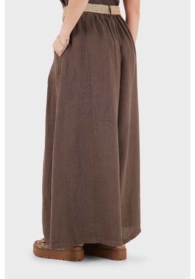 Via Dante Relaxed Fit Yüksek Bel Bol Paça Keten Pantolon Bayan Pantolon 7544 Kahve