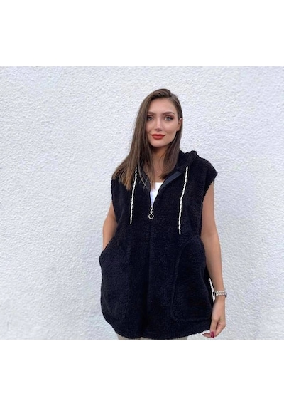 Femina Trendy Kadın Kapüşon Ve Fermuar Detay Welsoft Kolsuz Yelek Siyah