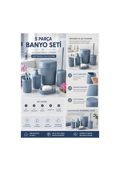 5 Parça Modern Çizgili Banyo Seti Çöp Kovası, Sıvı Sabunluk, Diş Fırçalık, Sabunluk Ve Klozet Fırçası Gri
