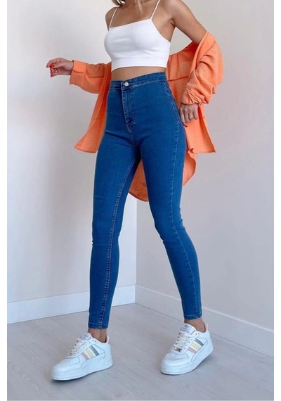 Açık Mavi Yüksek Bel Skinny Fit Jean Likralı Önü Cepsiz Tayt Pantolon Açık Mavi