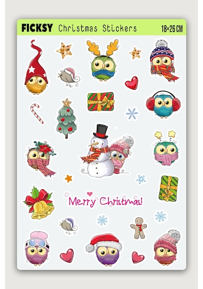 Sevimli Baykuş Yılbaşı Yeni Yıl Temalı Sticker Seti - 29 Adet Etiket Çıkartma Diğer