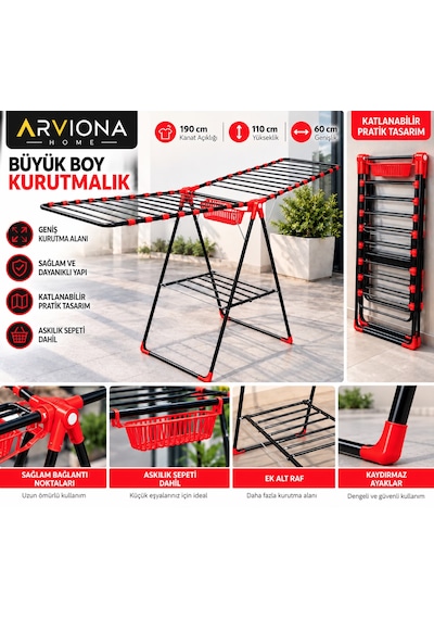 Arvıona 190 Cm Kanatlı Çamaşır Kurutmalığı Mandal Sepetli Metal Kırmızı - Siyah
