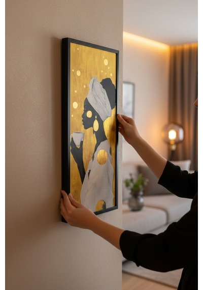 Afrikalı Kadın Kahve Temalı Dekoratif Duvar Tablosu 25x60 Cm Siyah Çerçeveli Modern Dikey Tablo