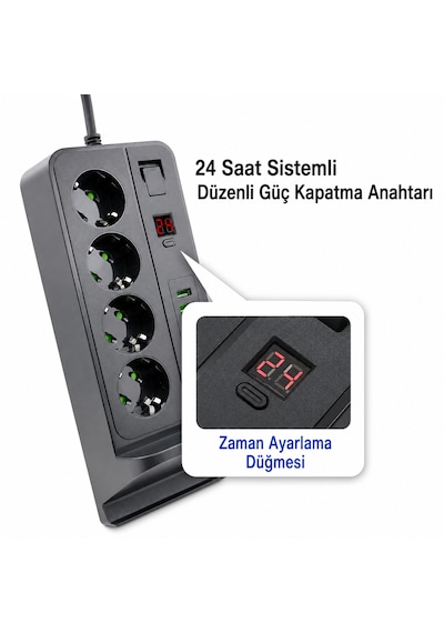4'lü Priz Çoklayıcı Kablosuz Şarjlı 4 Usb + Type-c 3000w 24 Saat Dijital Zamanlayıcılı 2 Metre Kablolu Akıllı Priz 0 - 2 M