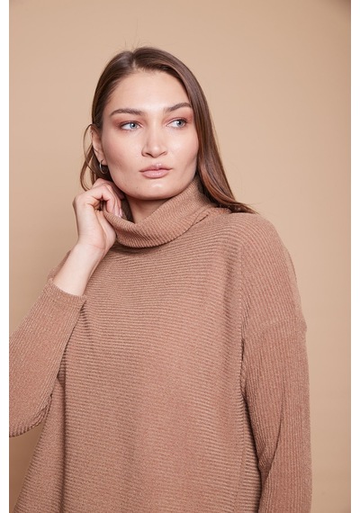 Jument Degaje Yaka Uzun Kol Likralı Triko Bluz-camel CAMEL