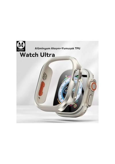 Movenchy Apple Watch Ultra 49mm Uyumlu Mo-wt3 Alüminyum Camlı Kasa Ekran Koruyucu - Gold