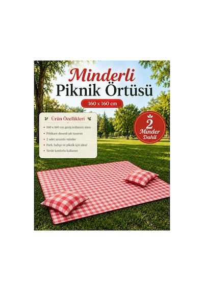 Kırmızı Potikare Piknik Seti Minderli Piknik Ortüsü 160x160 Minderleri 40x40 2 Minder
