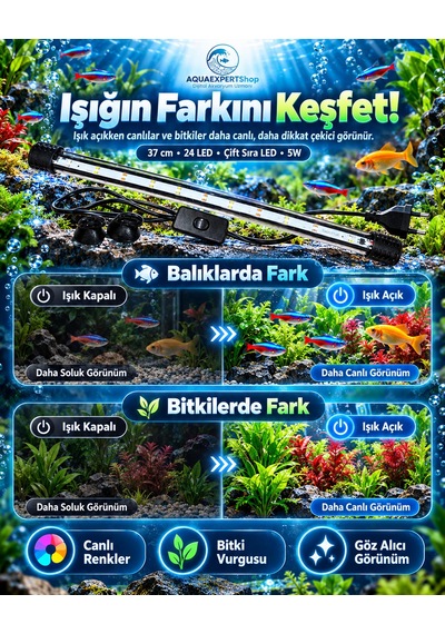 Akvaryum Işığı - Balık Işığı - Bitki Işığı - 37 Cm - 24 Led - Tamamen Su İçinde Kullanılabilir - 3 Modlu - 5w - Mükemmel Işık