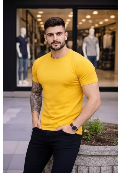 Suma Erkek Bisiklet Yaka Slim Fit Likralı Basic Body Tişört - Sarı