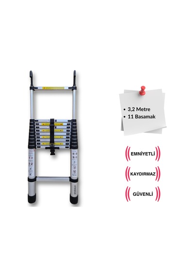 Endokon 320 Cm. - 11 Basamaklı Kancalı Teleskopik Merdiven - I Tipi Uzayan