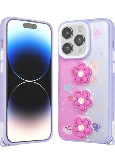 Apple Uyumlu iPhone 14 Pro Kılıf Parlayan Simli Kabartma Figürlü Zore Cevze Kapak Mor Papatya