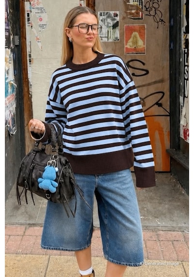 Madmext Kahverengi Çizgili Bisiklet Yaka Oversize Kadın Kazak Mg2894