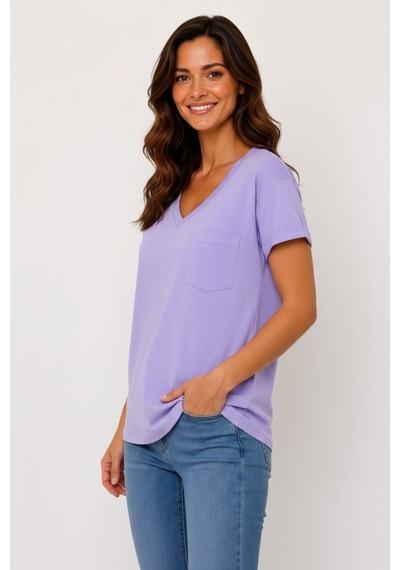 Lyvean V Yaka Cepli Oversize Tshırt Lila