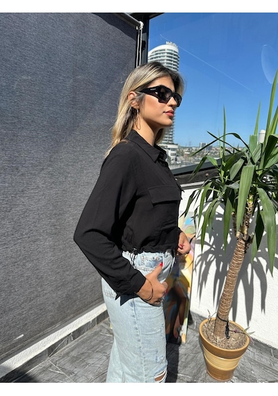 002317 Casual Düz Uzun Kollu Crop Poplin Kadın Gömlek -250 Siyah
