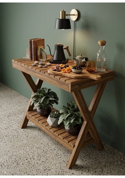 Nelyu Masif Ahşap Yan Sehpa - 80x60x20 Cm Çok Amaçlı Dekoratif Raf Kahverengi