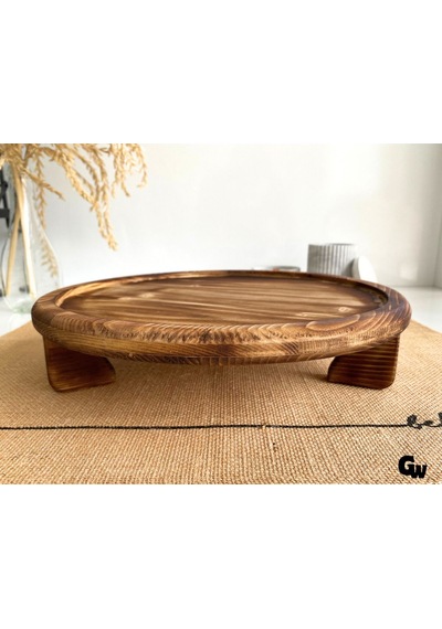 Yuvarlak Doğal Ahşap Sunum Tabağı Ayaklı Çukur Ahşap Sunumluk Beyaz Çam Çap:28cm Yük:6,5cm