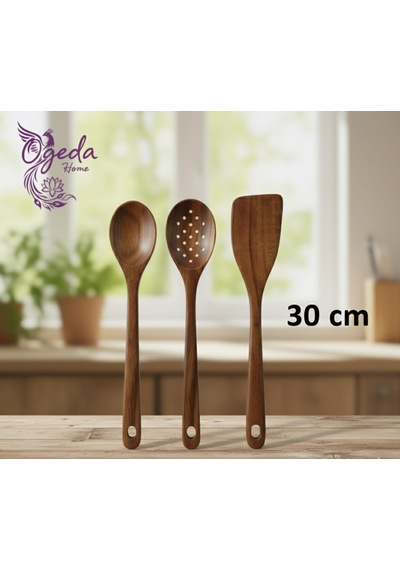 3 Lü Akasya Ahşap Kaşık Seti Doğal 30 Cm Mutfak Karıştırma & Servis Kaşığı