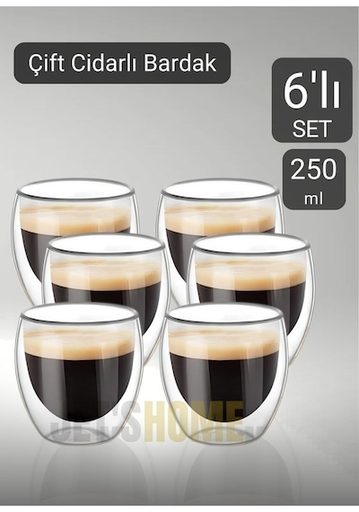 6 Lı Set Cappuccino Bardağı Latte Bardağı Çift Cidarlı Bardak Americano Bardağı 250 Ml Kahve Bardağı Şeffaf