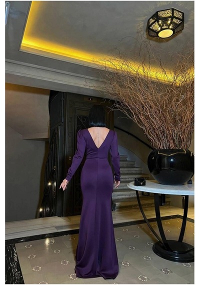Lior Design Kadın Tasarım V Yaka Taş Detaylı Uzun Kollu Abiye Elbise Mor