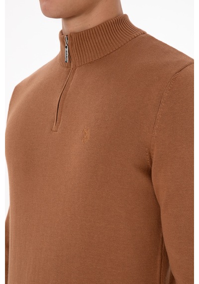 U.S. Polo Assn. Erkek Slim Fit Yarım Fermuarlı Camel Basic Kazak 50313695-VR233