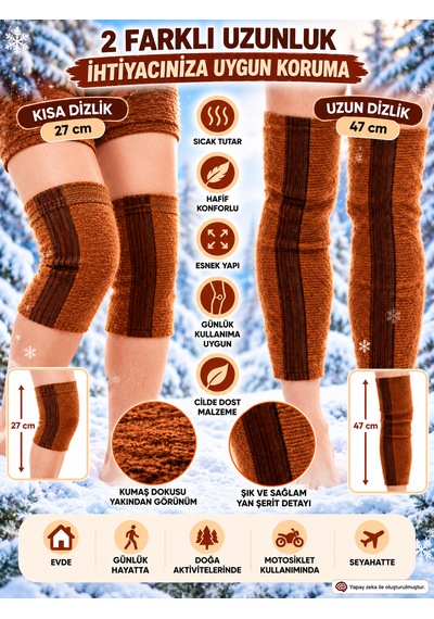 Termal Yün Dizlik Seti 2 Çift 4 Adet 27 Cm Kısa Ve 47 Cm Uzun Kışlık Sıcak Tutan Esnek Dizlik Kahverengi