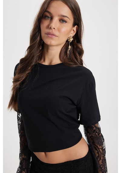 Tudors Kadın Oversize Geniş Kesim Pamuklu Kısa Kollu Bisiklet Yaka Dantel Detaylı Siyah Tişört-50786