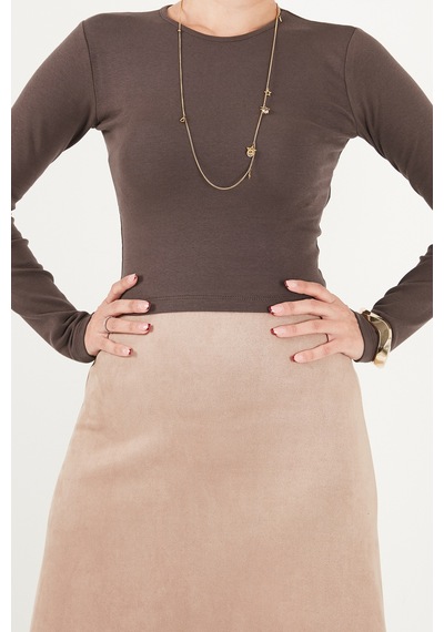 Lela Pamuklu Bisiklet Yaka Crop Bluz Kadın Bluz 5867060 Kahve