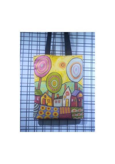 Owl Bag Modern Sanat Rengarenk Evler Desenli Tasarım Kumaş Omuz Çantası Beyaz