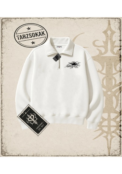 Tarzsokak Gotik & Grunge Streetwear Black Widow Omuzu Açık Spider Yarım Fermuarlı Sweatshirt Beyaz