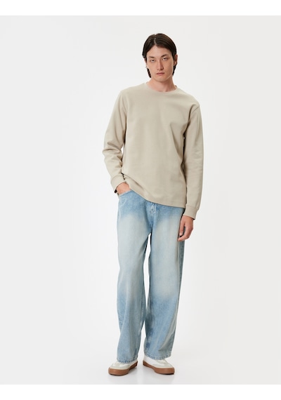 Koton Bisiklet Yaka Sweatshirt Basic Uzun Kollu Pamuklu İnterlok Kumaş Bej 5wam70095mk Ekru
