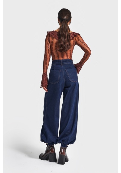 Itsbasic Kadın İndigo Renk 7w5-50 Wide Leg Baggy Fit Paça Detaylı Bol Kesim Tasarım Denim Jean