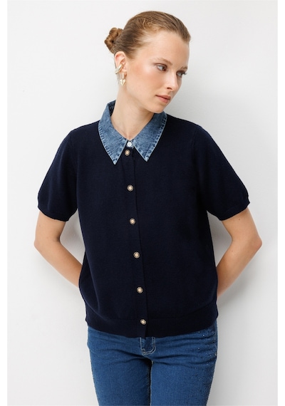 On Kadın Denim Detaylı Kısa Kollu Triko Hırka 10509 Lacivert