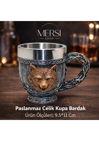 Mitolojik Ayı Figürlü 3d Kabartmalı Paslanmaz Çelik Kupa Bardak Dekoratif Viking Tarzı Kupa Gri - Gümüş