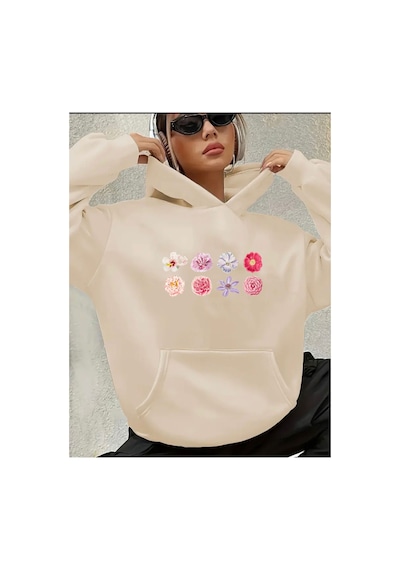 Herkesemoda Çiçekler Baskılı İçi Polarlı Kapüşonlu Sweatshirt Bej