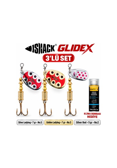 Fishack Glidex 3'lü Döner Kaşık Seti + Klima Bombası - Silver Ladybug 7 Gr No:3 + Golden Ladybug 7 Gr No:3 + Silver Red 5 Gr No:2