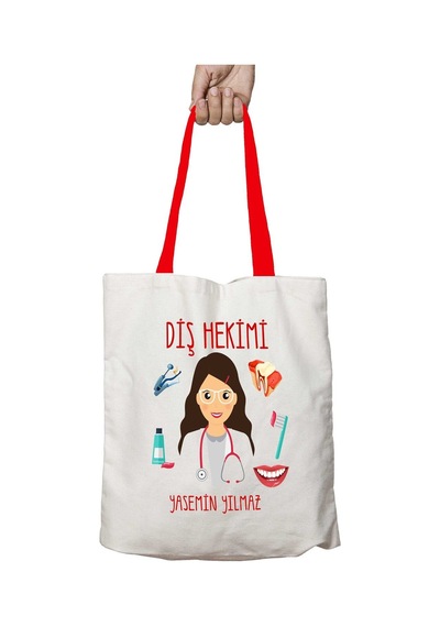 Art Hediye Kırmızı Kulplu Kişiye Özel Diş Hekimi Yıkanabilir Omuz Çanta Çok Renkli