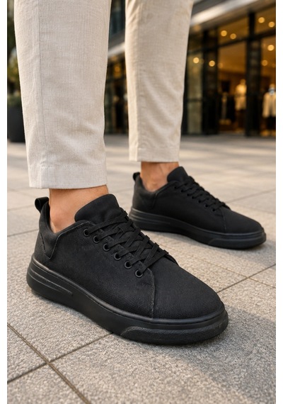 Mevese Ont Bağcıklı Keten Dokulu Hafif Taban Erkek Günlük Casual Sneaker Ayakkabı - Siyah