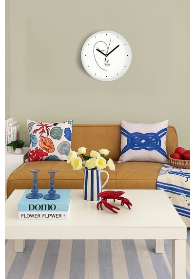 Minimalist Yüz Çizimi Desenli Modern Duvar Saati - 30cm - Önü Camlı Beyaz Kasa - Sessiz Mekanizma Beyaz