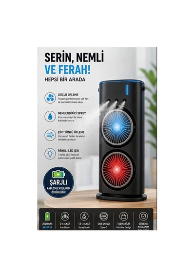 Çift Başlıklı Sprey Fan Nemlendirici Ve Renkli Led Işıklı Siyah Evimdeyokyok