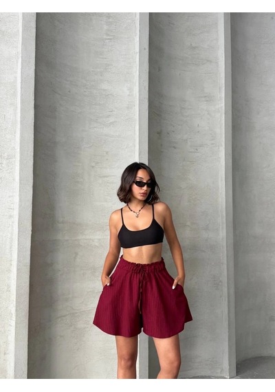 By Mop Volanlı Keten Şort Bordo S255058 Bordo