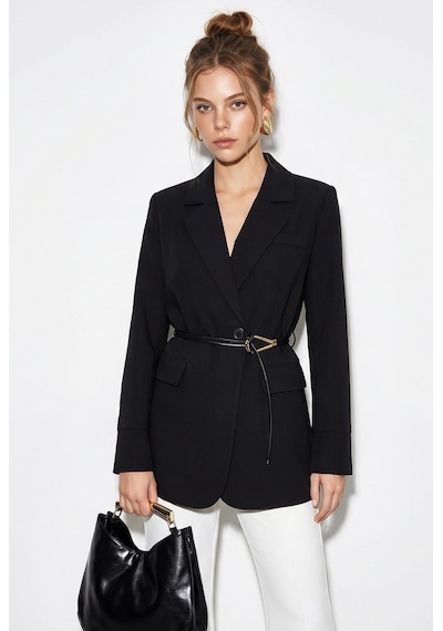 Shade Kadın Astarlı Garni Kol Detaylı Kemerli Blazer Ceket 8146 60286139 - Siyah