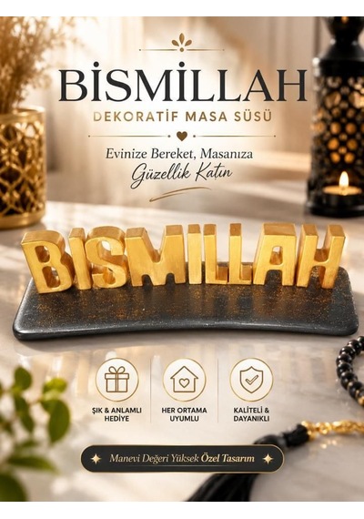 Bismillah Yazılı Dekoratif Masa Süsü Siyah Gold Taş Obje