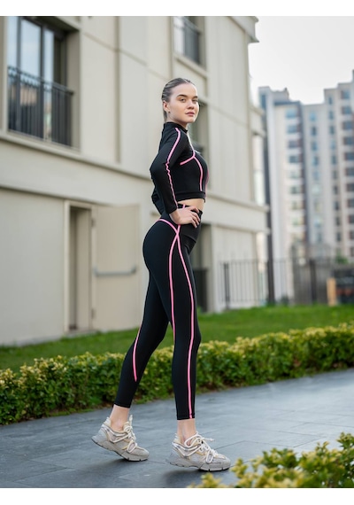 Lismina Menton Neon Pembe Biyeli Siyah Spor Tayt Siyah - Pembe