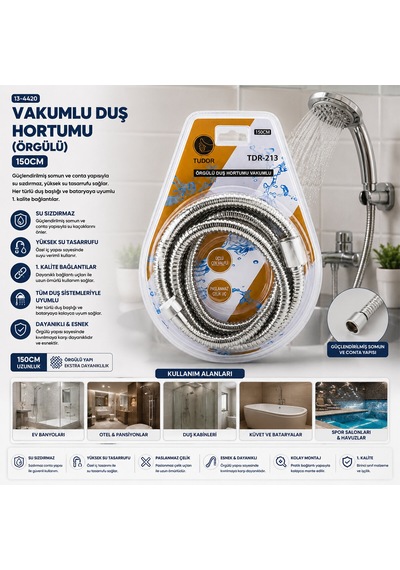 Lunaev Krom - Örgülü Vakumlu Duş Hortumu 150 Cm Vakumlu Ambalaj Açık Ahşap